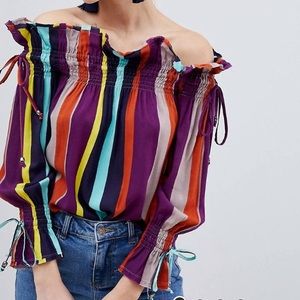 Boohoo Multi-Colored Striped Bardot Tie Top